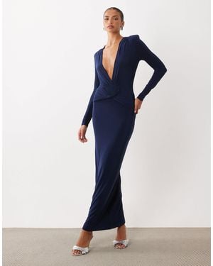 Missy Empire Missy Empire Slinky Shoulder Pad V Neck Twist Front Maxi Dress - Blue