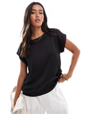 Vila Satin Front T-shirt With Turn Up Sleeve - Black