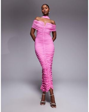 Ruched & Ready Sculpting Mesh Bardot V Front Bodycon Maxi Dress - Pink