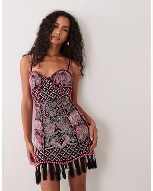ASOS Vestito Mini Canotta Con Frange E Applicazioni Nero E Rosa