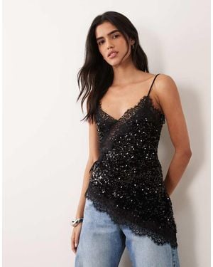 Pieces Asymmetric Lace Trim Sequin And Velvet Cami Top - Black