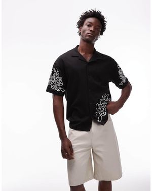 TOPMAN Premium Relaxed Fit Button Through Jersey Shirt With Cord Embroidery - Black