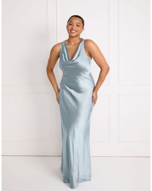 Six Stories Bridesmaid Satin Cowl V Neck Maxi Dress - Blue