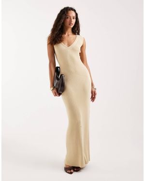4th & Reckless Ribbed Knit V Neck Maxi Dress - Natural
