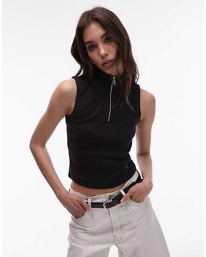 Calvin Klein Woven Label Cropped Sleeveless 1/4 Zip - Black