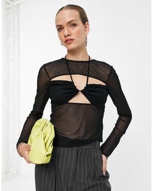 TOPSHOP Layered Long Sleeve Cami Mesh Top - Black