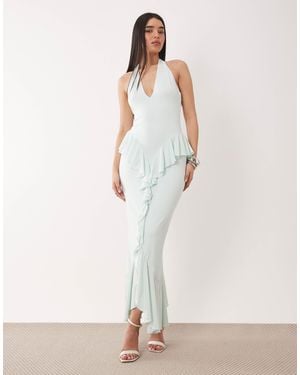 Ruched & Ready Sculpting Jersey Halterneck Open Back Ruffle Drape Detail Maxi Dress - White