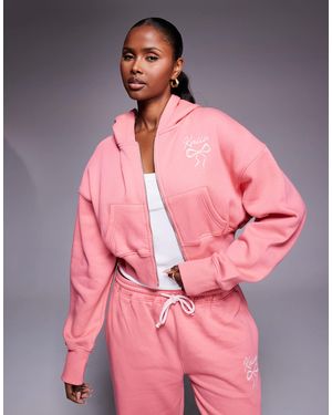 Kaiia Embroidered Bow Logo Cropped Zip Through Hoodie Co-ord - Pink