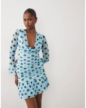 Kaiia Exclusive Mesh Overlay Long Sleeve Cowl Neck Asymmetrical Hem Mini Dress - Blue