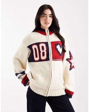Daisy Street Zip Up Oversized Cardigan With Sporty Graphic - White