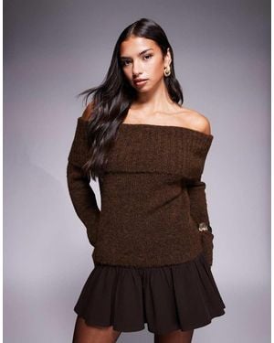 Kaiia Exclusive Wool Feel Textured Knit Deep Bardot Foldover Jumper - Brown