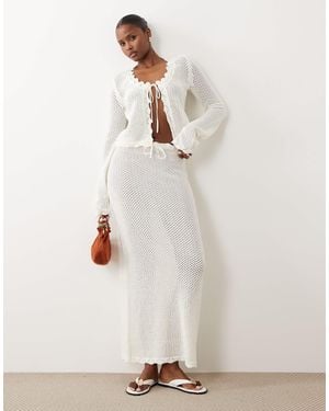 The Frolic Exclusive Cotton Rich Open Crochet Scallop Edge Tie Front Maxi Beach Skirt - Gray