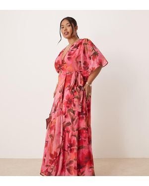 Hope & Ivy Plus Flutter Sleeve Maxi Wrap Dress - Red