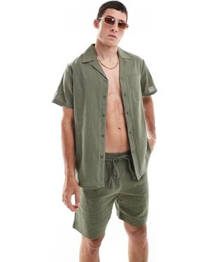 South Beach Textured Weave Short Sleeve Beach Shirt - Green
