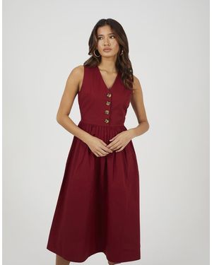 Brave Soul Sleeveless V-Neck Button Down Midi Dress - Red