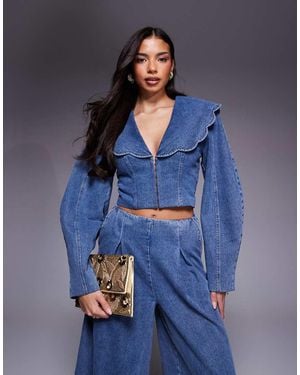 ASOS Co-Ord Denim Cropped Blazer With Oversized Collar - Blue