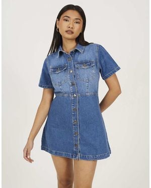 Brave Soul Collared A-Line Denim Mini Dress - Blue