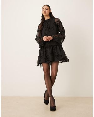 Gina Tricot Long Sleeve V Neck Rose 3d Brocade Mini Dress - Natural