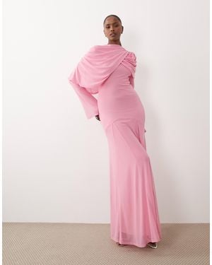 ASOS Modesty Mesh Maxi Dress With Overlay Draped Neckline Detail - Pink