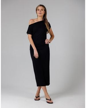 French Connection Ruched Boat Neck Short Sleeve Midi Dress - Black