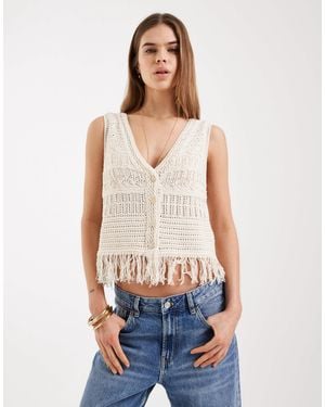 ONLY Crochet Knit Vest With Fringe Trim - Blue