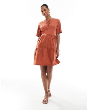 Threadbare Cotton Rich Tiered Short Sleeve Mini Dress With Keyhole Detail