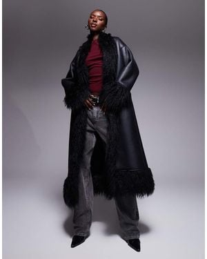 Aria Cove shaggy Faux Fur Trim Leather Look Maxi Coat - Blue
