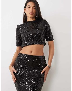 Ruched & Ready Boxy Short Sleeve Sequined Crop Top - Black