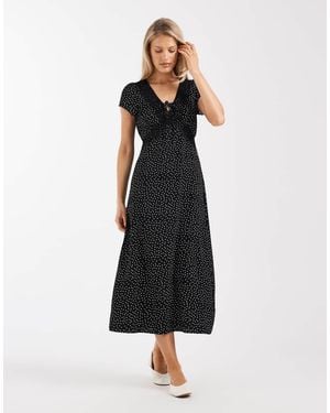 Brave Soul Tie Front Midi Dress With Lace Detail - Black