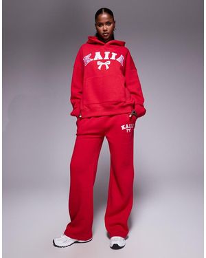 Kaiia Cotton Blend Embroide Bow Logo Wide Leg jogger Co-ord - Red