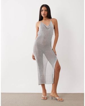 Kaiia Exclusivité - - robe longue fendue sur la cuisse en maille au crochet - argenté métallisé - Blanc