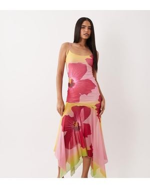 Kaiia Exclusive Slinky Mesh Scoop Neck Drop Waist Asymmetric Fairy Hem Maxi Dress - Red