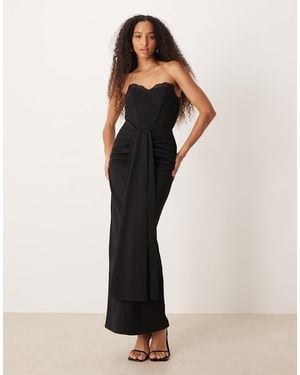 Six Stories Lace Trim Structured Corset Drape Detail Maxi Dress - Black