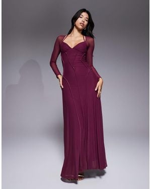 ASOS Mesh Long Sleeve Maxi Dress With Exposed Seam Detail - Purple