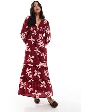 Wednesday's Girl Plunge Front Floral Print Midaxi Dress - Red