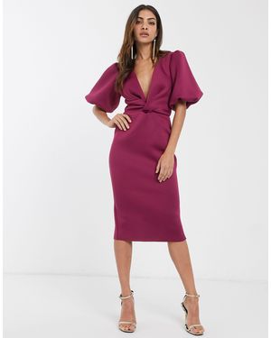 ASOS Bubble Sleeve Twist Detail Midi Pencil Dress - Pink