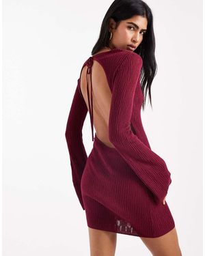 4th & Reckless Geribbelde Mini Strandjurk Met Open Achterkant En Flared Mouwen - Rood