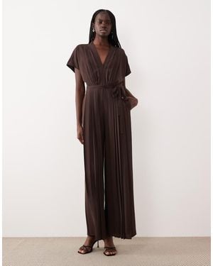 Mango Pleat Detail Short Sleeve Jumpsuit - Brown