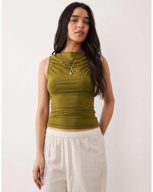 Miss Selfridge Ruched Front Slash Neck Top - Green