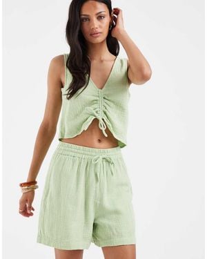 Pieces Crinkle Cotton High Waisted Shorts Co-ord - Green