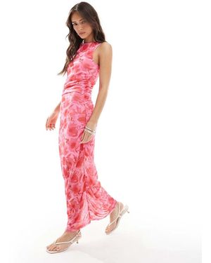 Pieces Vestido Midi Fruncido Con Estampado Floral Llamativo De - Rosa