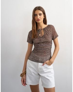 TOPSHOP Polka Dot Mesh Key Hole Detail Short Sleeve Top - Brown