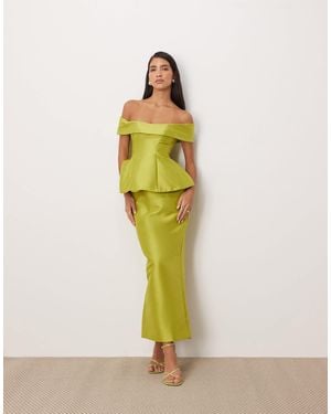 ARRANGE Structured Off The Shoulder Satin Maxi Dress - Green