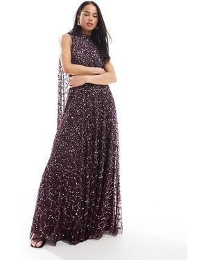 Maya Fully Embellished High Neck Sleeveless Maxi Cape Dress - Purple
