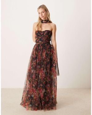 LACE & BEADS Scarf Neck Corset Tulle Maxi Dress - Brown