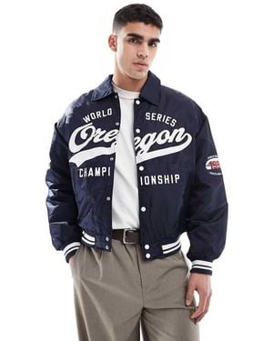 Bershka Retro Sports Bomber Jacket - Blue