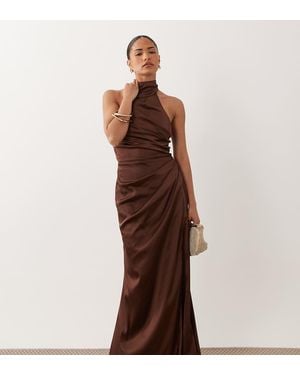 TFNC London Tfnc Bridesmaid Petite Satin Halter Neck Pleat Detail Maxi Dress - Brown