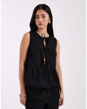 Pieces Tie Front Peplum Hem Top - Black