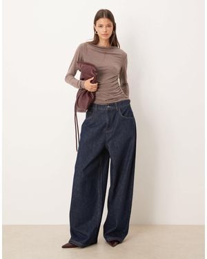 Threadbare Boat Neck Long Sleeve Jersey Top With Drape Front - Blue