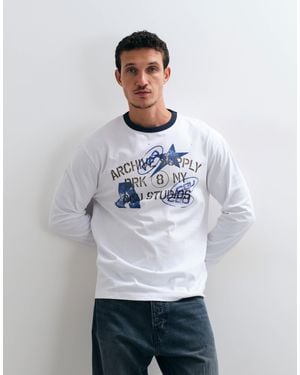 ASOS Lockeres langarm-ringer-t-shirt mit grafik - Weiß